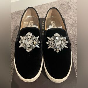 Badgley Mischka Black Velvet Embellished Crystal Slip on Sneakers size 7